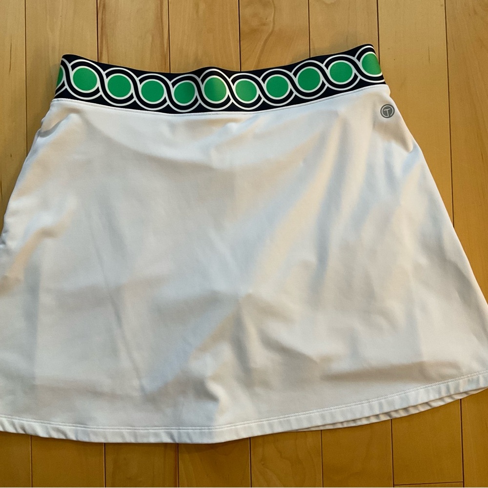 Talbots White Skater Skirt with Green Circle-Pattern Waistband
